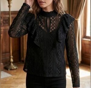 Lush Black Lace Ruffle Shoulder Blouse Long Sleeve Feminine Top Size S